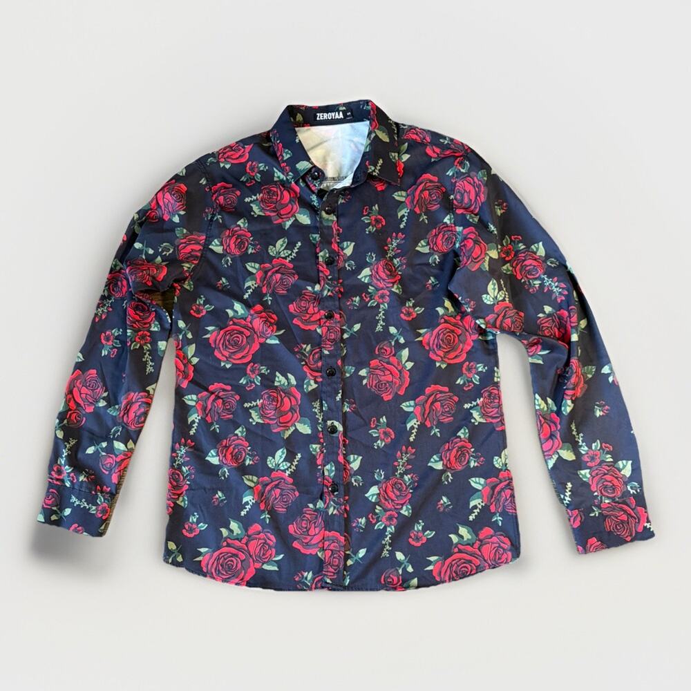 ZEROYAA Rose Floral Button Up Shirt Goth Emo Dark Floral Black Red Size Small
